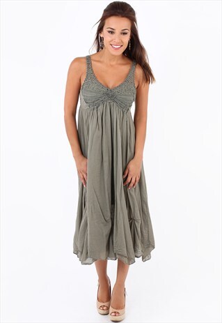 CROCHET FRONT A-LINE CREPE DRESS PURE COTTON