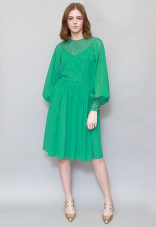 VINTAGE 1970'S HOLDER BROS GREEN BELL SLEEVE MIDI DRESS