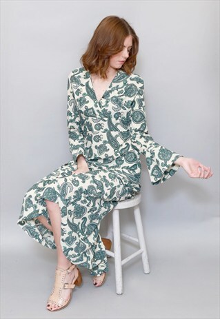 VINTAGE 1970'S GREEN AND CREAM PAISLEY FOLK MIDI DRESS