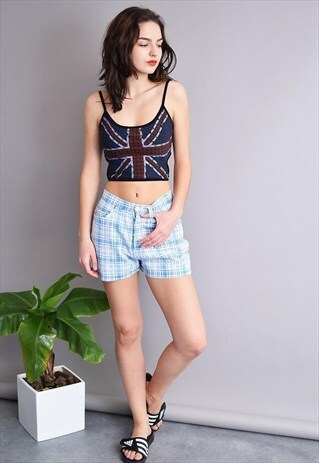 90'S RETRO HIGHWAISTED CHECKED COTTON MOM'S SHORTS