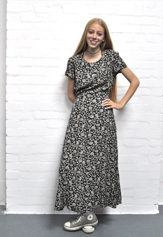 VINTAGE 90'S BLUE BOTANICAL PRINT GRUNGE MIDI DRESS