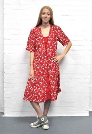 VINTAGE 90'S RED FLORAL PRINT GRUNGE MIDI DRESS