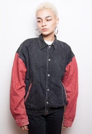 VINTAGE 90S BLACK & RED BOMBER DENIM JACKET ID:1271