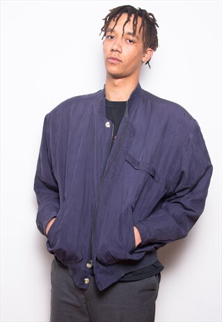 VINTAGE 90S NAVY BLUE MINIMAL SILK BOMBER JACKET ID:1301