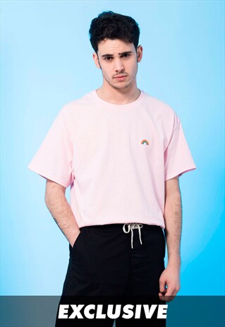 EXCLUSIVE T-SHIRT LIGHT PINK RAINBOW EMBROIDERED MENS