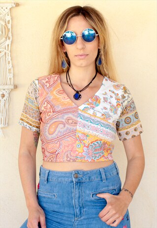 PAISLEY PATCHWORK OPEN BACK TEE TOP