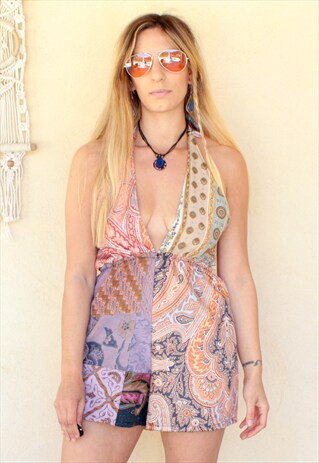 PATCHWORK PAISLEY HALTER NECK JUMPSUIT