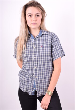 TOMMY HILFIGER WOMENS VINTAGE SHIRT MEDIUM BLUE CHECK 90'S