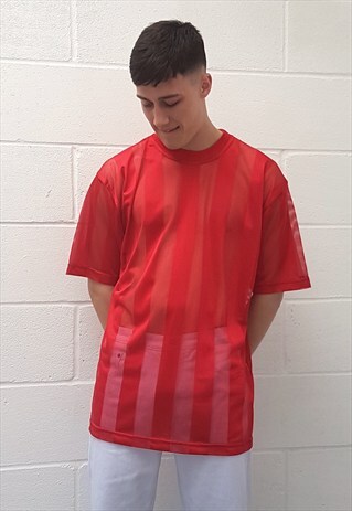 NEW 90S FIT MESH STRIPE FOOTBALL T-SHIRT IN RED