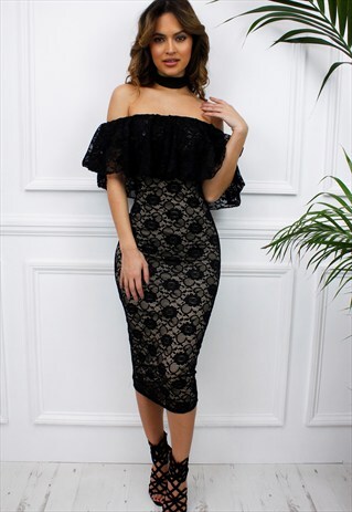 BLACK LACE OFF SHOULDER BARDOT FRILL MIDI BODYCON DRESS