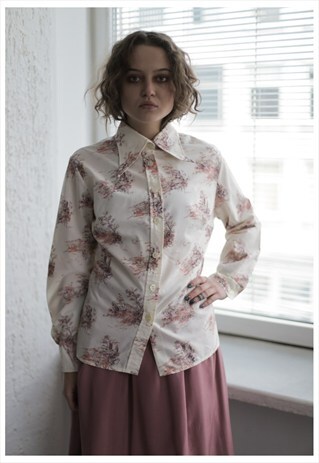 VINTAGE 70'S BEIGE PATTERNED LONG SLEEVE SHIRT