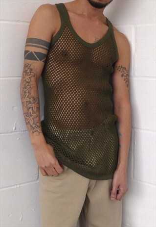 NEW COTTON MESH STRING VEST IN OLIVE / MILITARY GREEN
