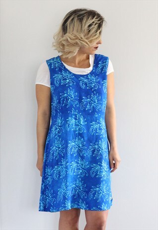 VINTAGE 1980S BRIGHT BLUE BATIQUE PRINTED SUMMER DRESS