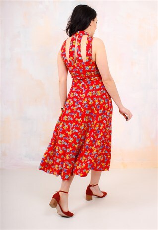 VINTAGE 90S FLORAL PRINT THIGH SPLIT CAGE BACK MAXI DRESS