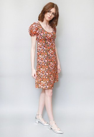 VINTAGE 1960'S ORANGE & PINK DITSY FLORAL MINI DRESS