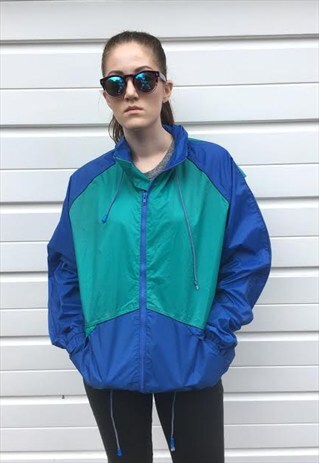 UNISEX VINTAGE 80S BLUE GREEN ZIP UP RAIN COAT JACKET ZIPPER