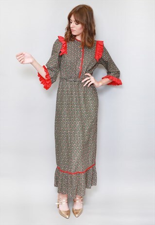 VINTAGE 1970'S PRETTY FLORAL PRINT FOLK MIDI DRESS