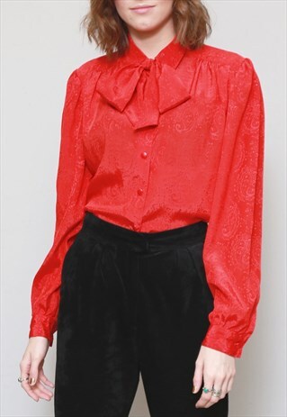VINTAGE 1970'S RED PAISLEY PRINT PUSSY BOW BLOUSE