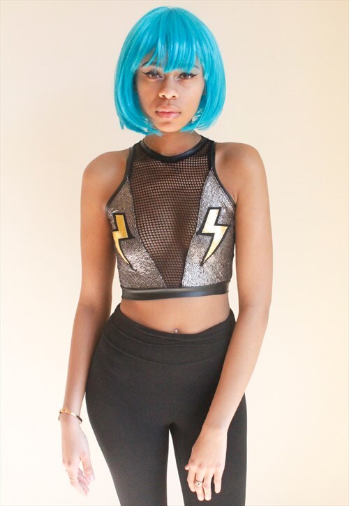 Bolt Patch Metallic 90's Crop with string mesh panel