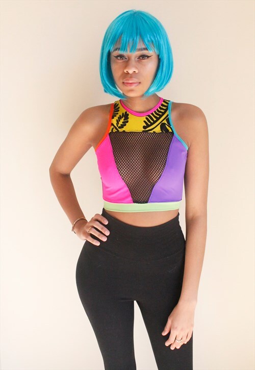 Tribal Colourblock Crop Top with String Mesh Panel