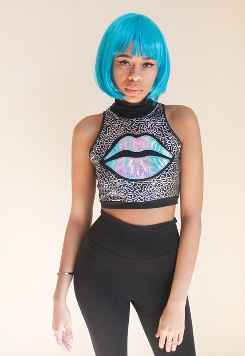 Holographic Kiss Sequin Crop with Holographic Lips