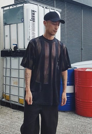 NEW MESH STRIPE T-SHIRT BLACK
