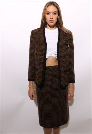 VINTAGE 1980'S 80'S 2-PIECE BOUCLE BLACK WOOL SKIRT SUIT M-L