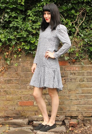 VINTAGE BLACK & WHITE DRESS WITH PEPLUM HEM
