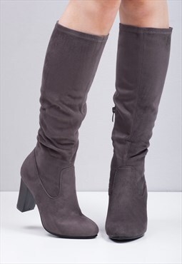 grey knee high boots block heel