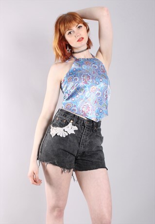 VINTAGE 90S SATIN PAISLEY PATTERNED HANKY BACKLESS TOP