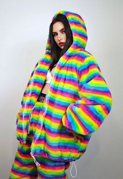 Striped rainbow fleece jacket psychedelic coat festival hood