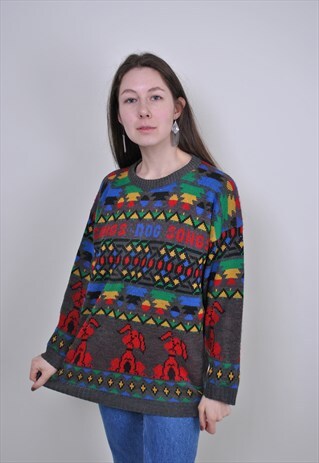 80S FUNNY DOG SWEATER, VINTAGE OVERSIZE GAME PRINT JUMPER