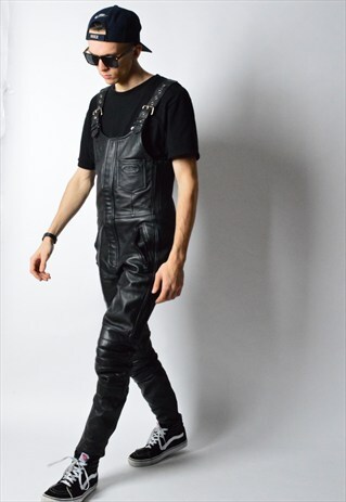 VINTAGE 80S BLACK MINIMALIST BLACK LEATHER SKI OVERALLS