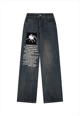 Spider patch jeans graffiti denim trousers grunge pants blue