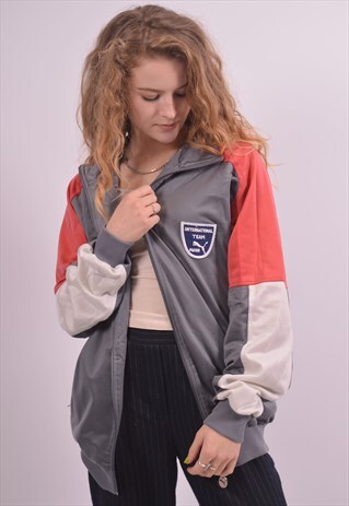 PUMA WOMENS VINTAGE TRACKSUIT TOP JACKET LARGE GREY 90S