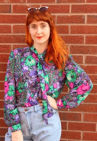 VINTAGE 80'S PUSSYBOW BLOUSE PURPLE GREEN PINK FLORAL PRINT