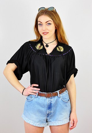 VINTAGE 1970'S BLACK EMBROIDERED SMOCK FESTIVAL BOHO TOP
