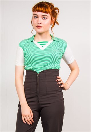 VINTAGE 70'S GREEN STRIPED OPEN COLLAR KNIT RIBBED TOP