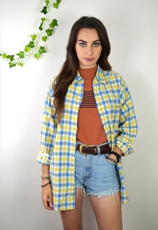 90'S VINTAGE YELLOW AND BLUE FLANNEL SHIRT