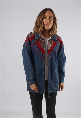 VINTAGE DENIM JACKET LONGLINE FLORAL CORDUROY UK S 10 (J9AC)