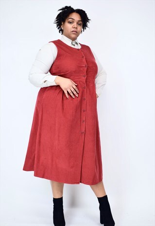 VINTAGE 90'S RED CORDUROY LONG BUTTON UP DRESS