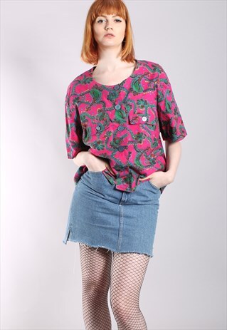 VINTAGE 80S PINK PAISLEY PATTERNED BUTTON BLOUSE TOP