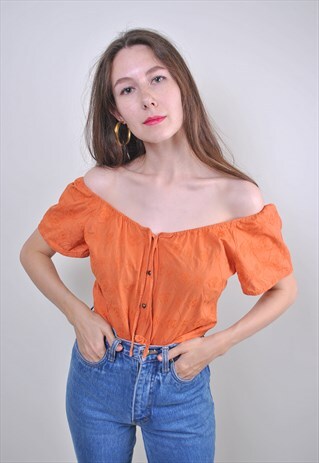 80S VINTAGE WOMEN ORANGE OFF SHOULDER BLOUSE, SIZE M