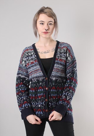 VINTAGE 90S THICK KNIT ALPINE PATTERNED LONG CARDIGAN