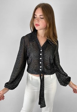 70's Vintage Black Silver Lurex Bell Sleeve Crop Blouse