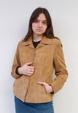 Vintage Women's L Blazer Suede Basic Jacket Beige Brown 