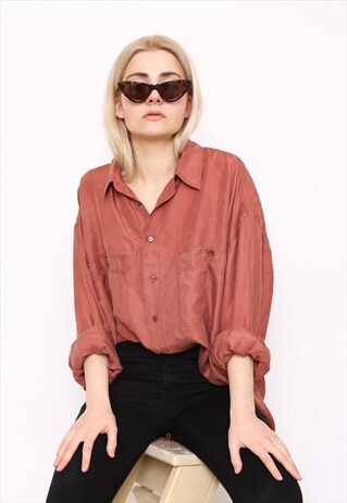 VINTAGE 90S BROWN SILK OVERSIZED BLOUSE SHIRT