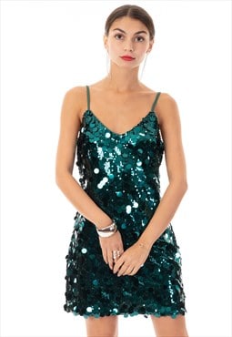 Circle Disc Sequin Strappy Short Dress in Green