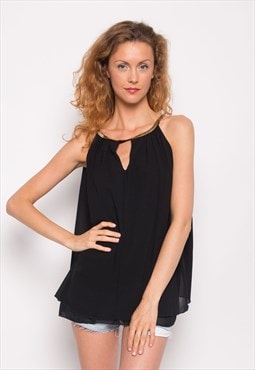 Gold Double Row Chain Necklace Chiffon Top (BLACK)