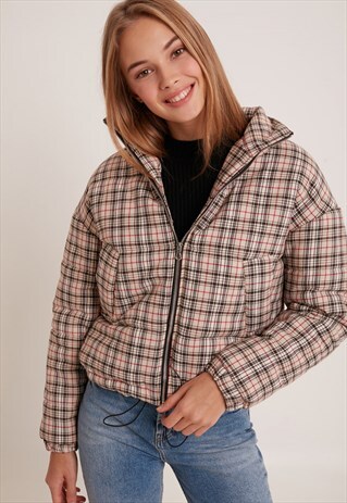 TARTAN PUFFER JACKET - BEIGE